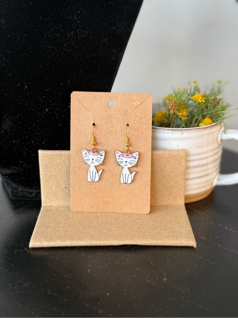 White Cat Earrings for Pets Cat Lovers - Gold Accent